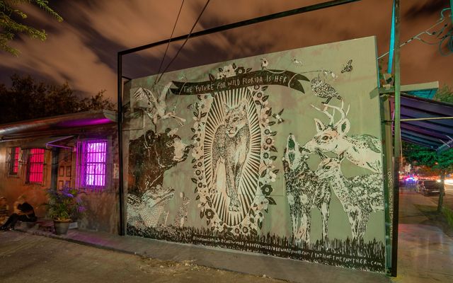 Mural of a florida panther, black bear, deer, owl, coyote, alligator, rabbit and spoonbill on side of a building