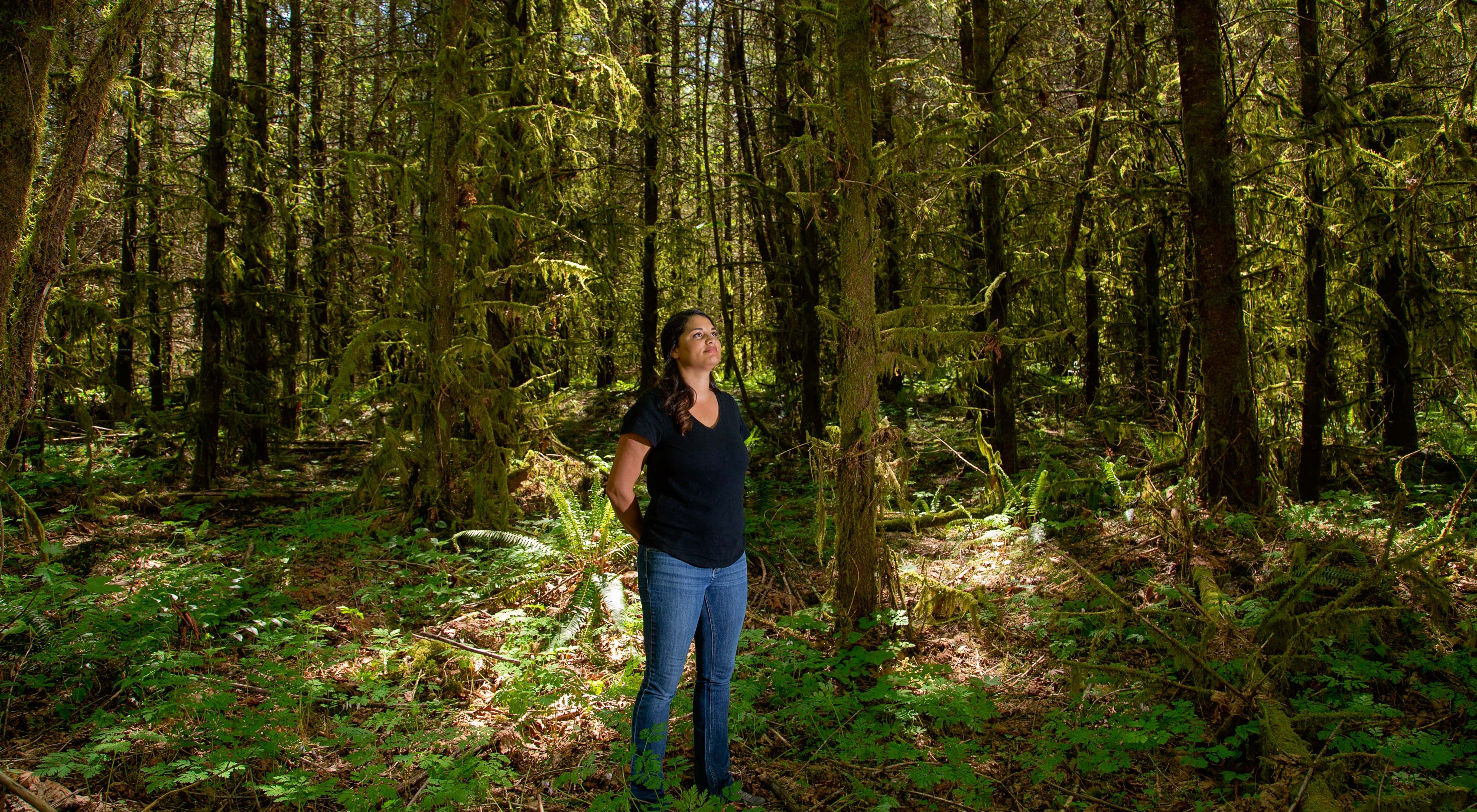 Kenison stands with hands behind her back and head raised in dense green forest in a column of sunlight