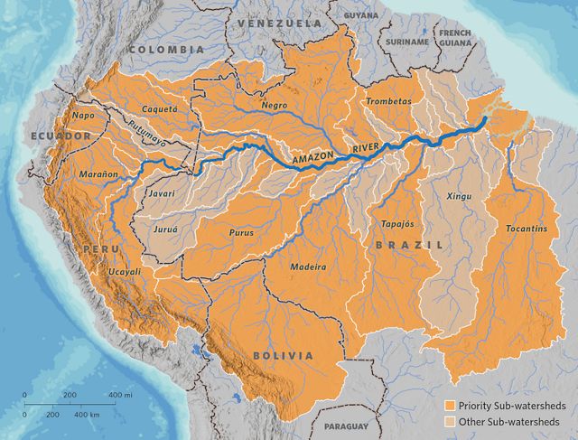 Map of South America with the Amazon River featured.