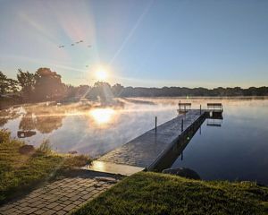 Dock overlooking lake in in Iowa.