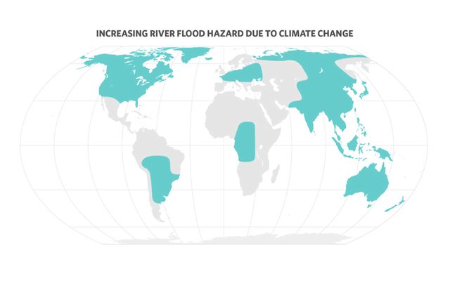 World map with blue shaded areas showing increasing river flood hazard due to climate change.