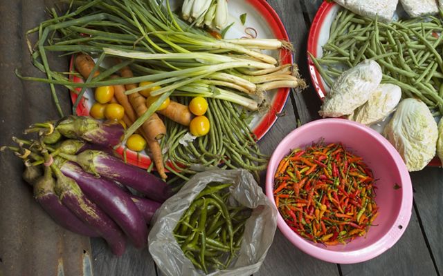 An array of colorful fresh vegetables, including eggplant, scallions, beans and peppers.