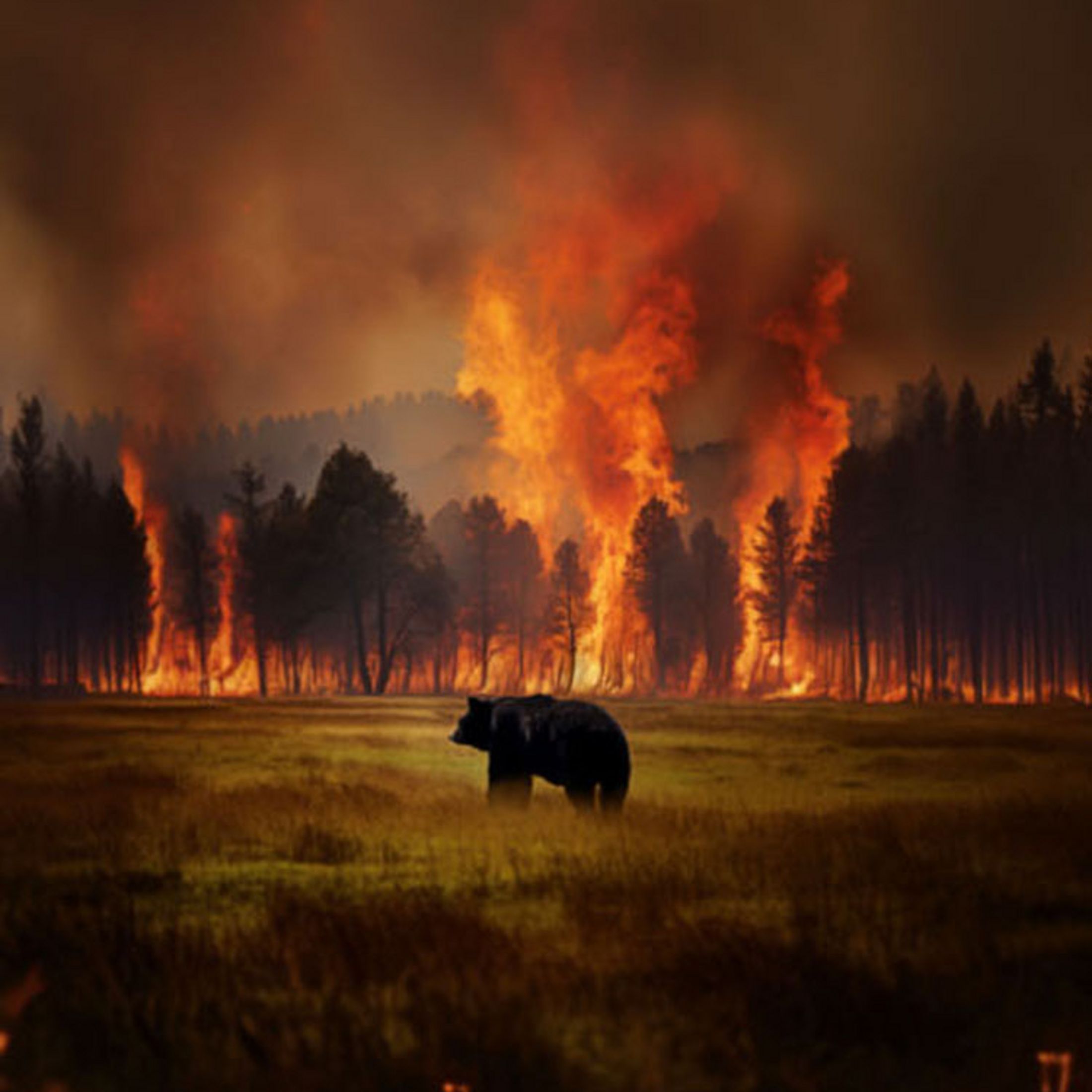 A bear in a field surrounded by forest fires. 