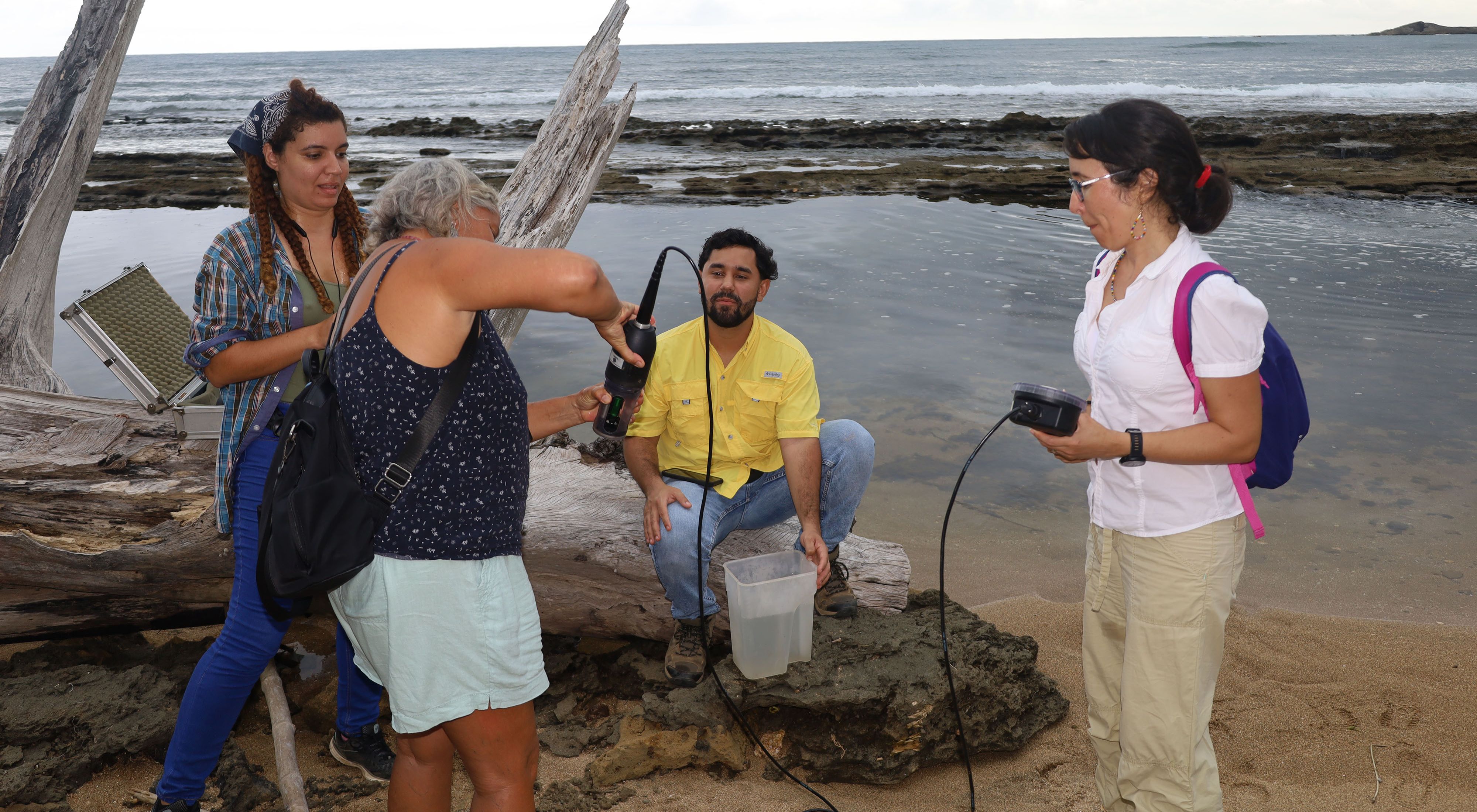 Four people run an experiment on a beach; one person holds an instrument in a beaker of water while another holds an electronic measuring device connected to the instrument by a cable.