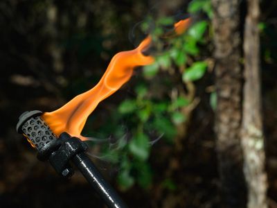 A lit drip torch is ready for use during a controlled burn in South Carolina.