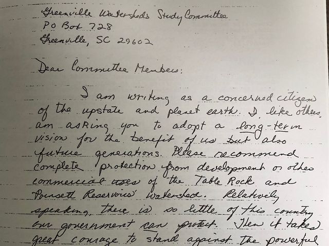 A letter from a concerned citizen calls for protection of the Greenville Watershed.