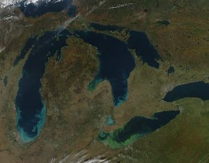 Aerial view of Great Lakes showing harmful algal bloom in Lake Erie.