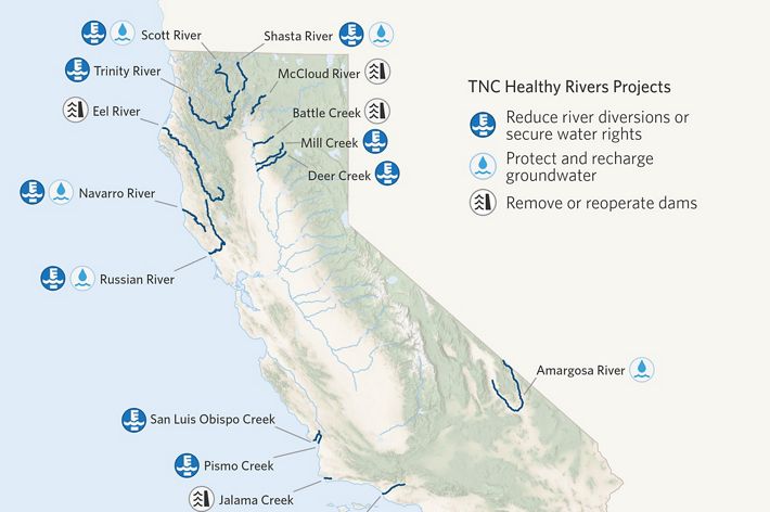 A map of California showing TNC's healthy rivers project areas.