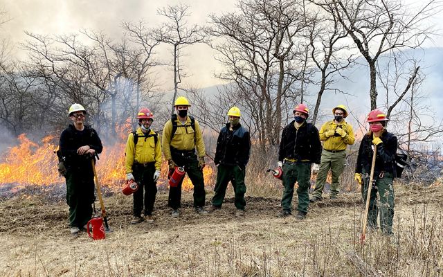 Seven people pose together in a line during a controlled burn. They are wearing yellow fire gear and some hold red drip torch canisters. Fire burns through the tall grass behind them.
