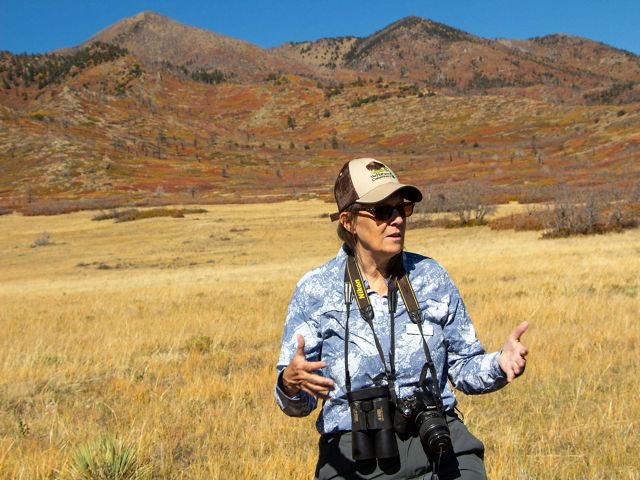Terri Shulz stands in a grass field and presents to a group behind the camera, with mountains in the background.