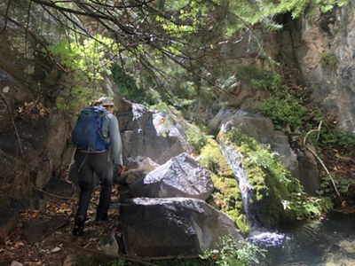 A person wearing a backpack walks toward a small waterfall with sunlight streaming in from above.