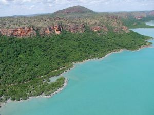 Green forests cover part of a mountainous coastal area.