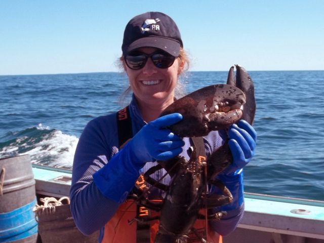 a woman in a fishing boat wearing a baseball cap holds a lobster with water in the background.