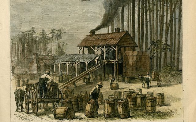 Historic illustration from Harper's Weekly of a North Carolina turpentine distillery.