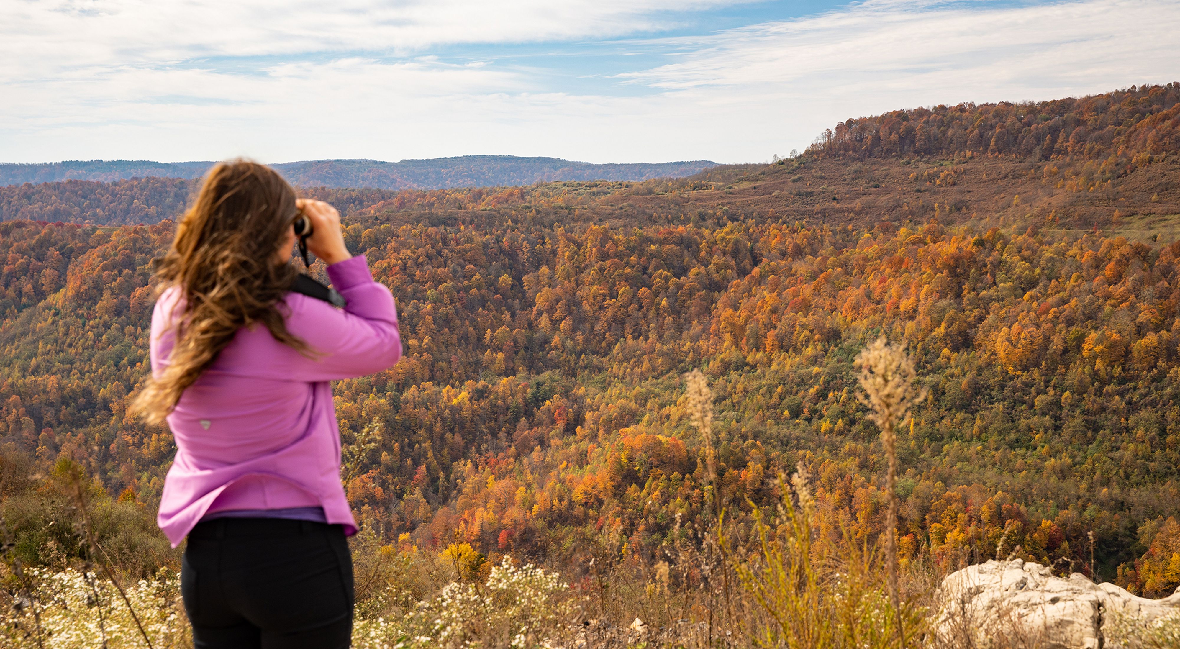A woman stands on a ridge overlooking a valley and rocky escarpments as she looks through binoculars to behold Kentucky's natural beauty.