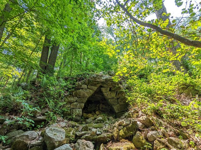 Lime kiln remnants in a lush green forest. 