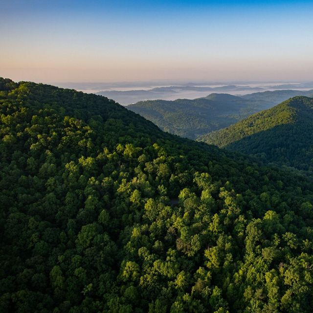Aerial photograph of the Cumberland Gap in Kentucky. May 2019. The Cumberland Forest Project protects 253,000 acres of Appalachian forest and is one of TNC’s largest-ever conservation efforts in the eastern United States.
