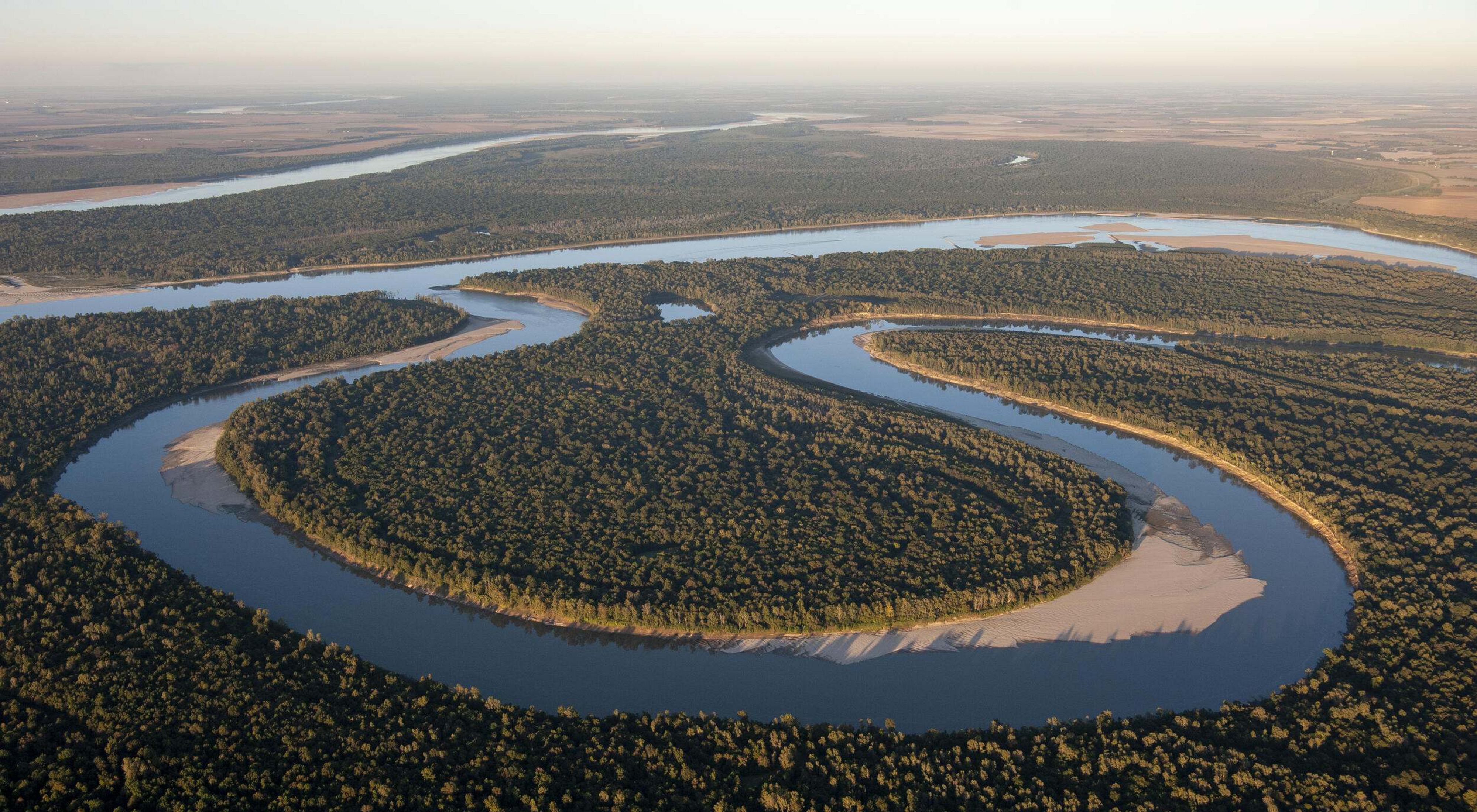 Aerial view of a bend in the Mississippi River. 
