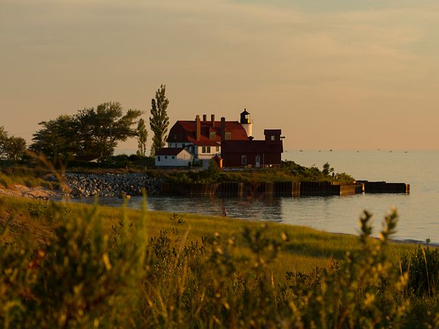 View of Point Betsie Lighthouse from the shore of Zetterberg Preserve at Point Betsie in Frankfort, Michigan.