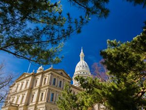 The dome of Michigan's statehouse framed by tree branches and a blue sky in Lansing. 