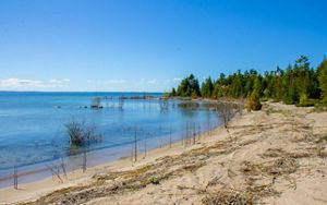 The sandy shore of Lake Huron in the North Point Peninsula on a sunny, clear day.