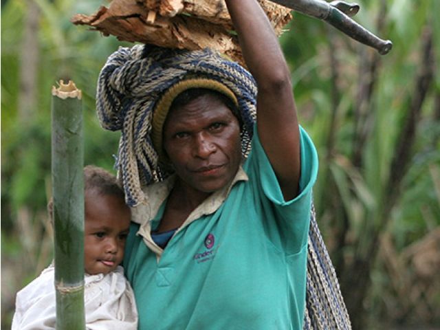 A woman carries firewood home to use for cooking the family meal. 