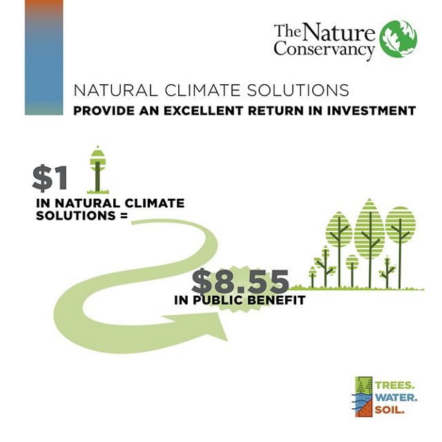 Graphic illustration showing a return of $8.55 in public benefit when investing in $1 of natural climate solutions. 