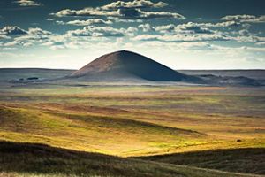 Aerial landscape of an extinct volcano in eastern Mongolia. 