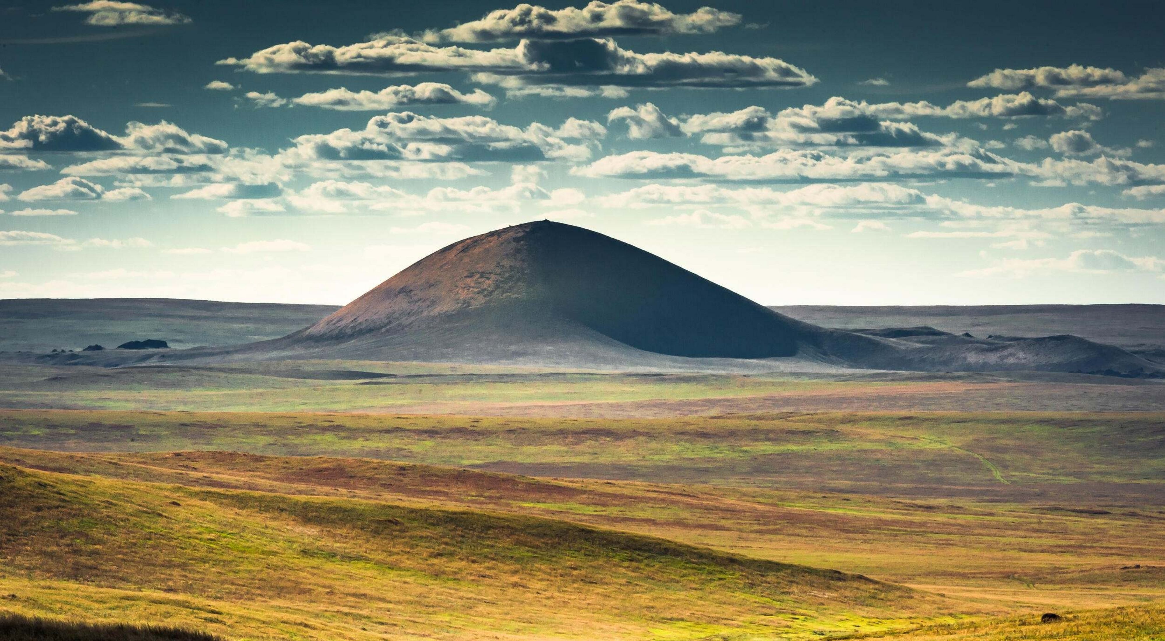 Aerial landscape of an extinct volcano in eastern Mongolia. 