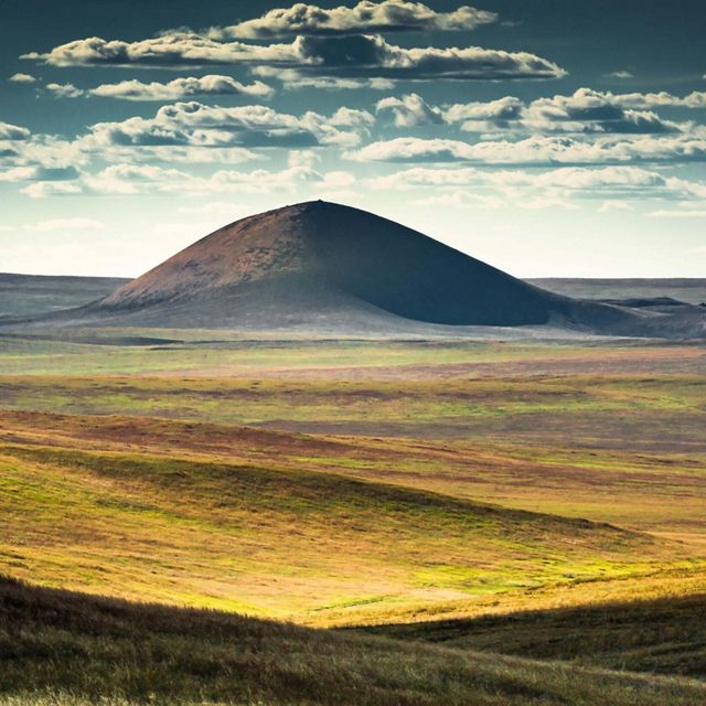 Aerial landscape of an extinct volcano in eastern Mongolia. 