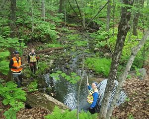 Hadley Couraud and peers out in the field taking measurements of culverts and stream data.