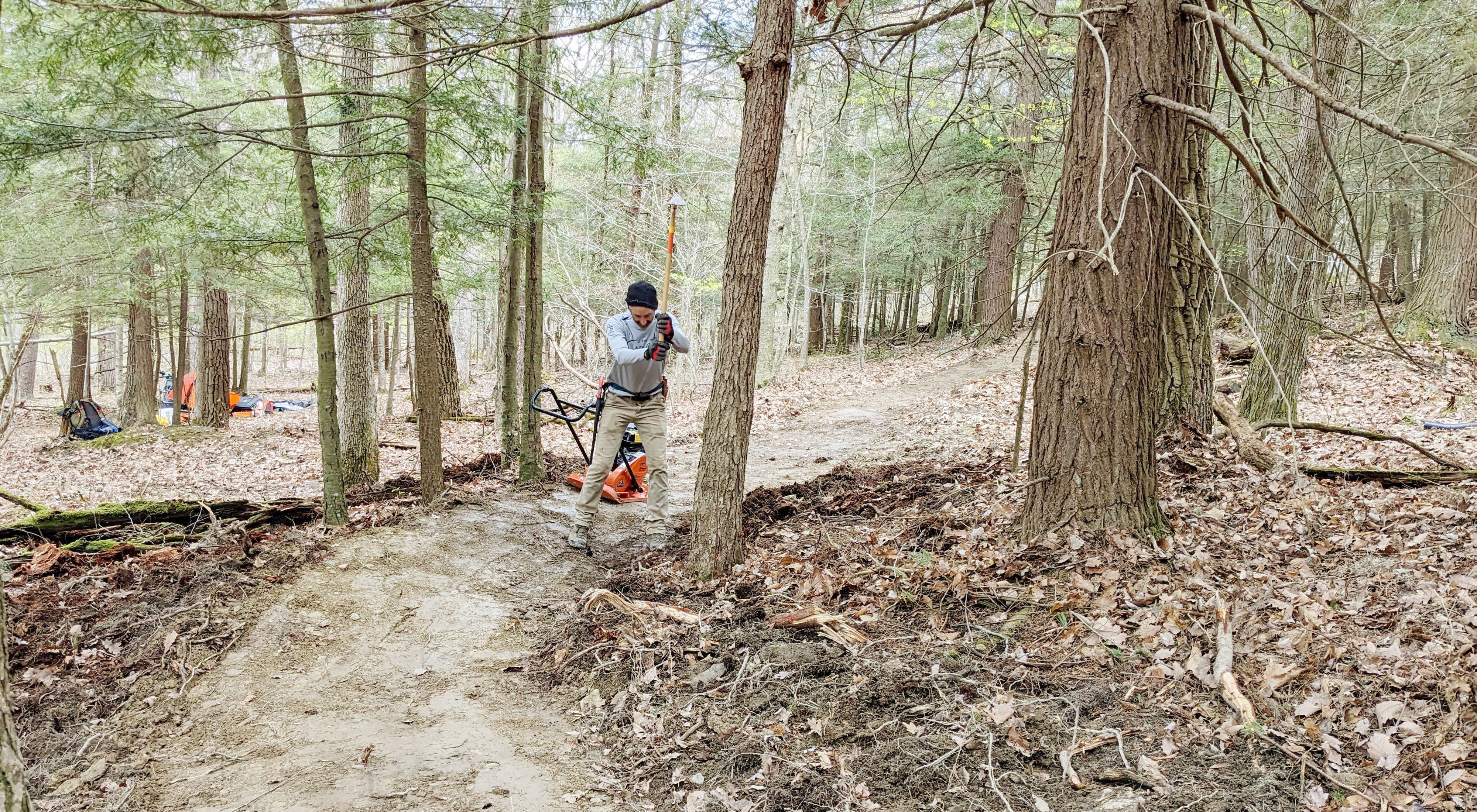 A man building a trail surrounded by trees. 