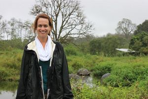 Meg with Galapagos tortoises in the background at Pajaro Bruojo Preserve 