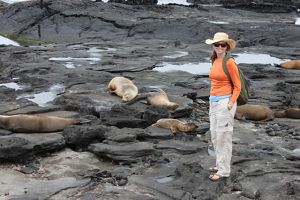 Meg Thomson with Galapagos sea lions