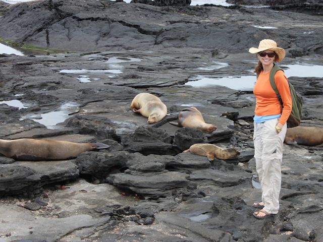 Meg Thomson with Galapagos sea lions