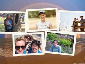 A collage of photos of the featured individuals with a picture of a rainbow in the background.