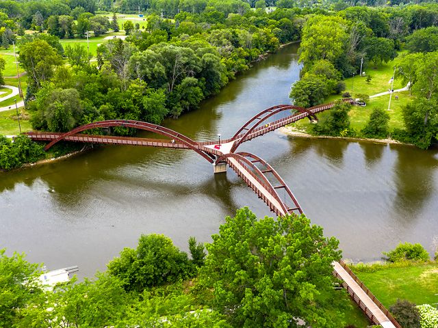 Aerial view of a bridge that splits in three directions in Midland, Michigan. 