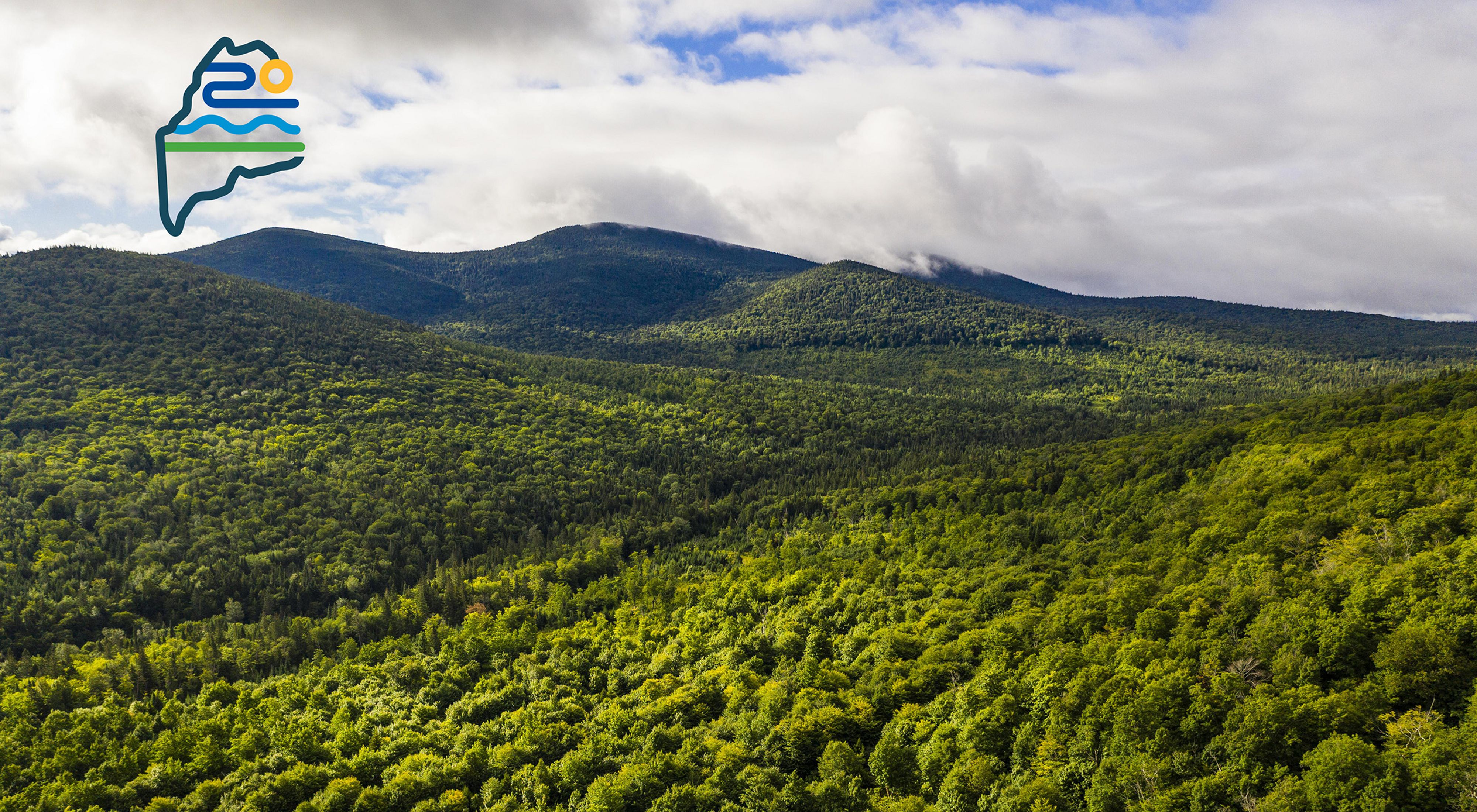 A vast green forest leads to tree-covered mountains in the distance.