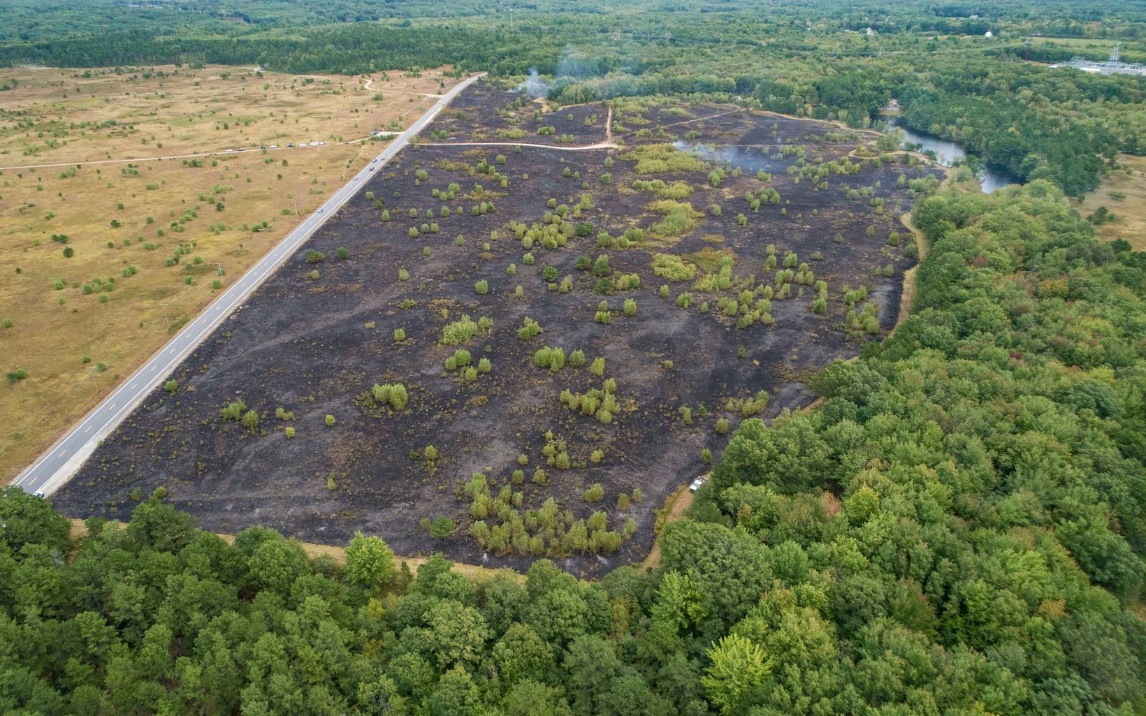 Kennebunk After Burn  An aerial view after a controlled burn on the grassland at The Nature Conservancy's Kennebunk Plains Preserve. © Jerry and Marcy Monkman/EcoPhotography