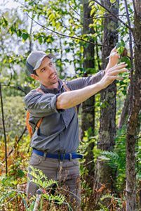Gus Goodwin stands in a grove of trees, gesturing toward the branches of a slender sapling.