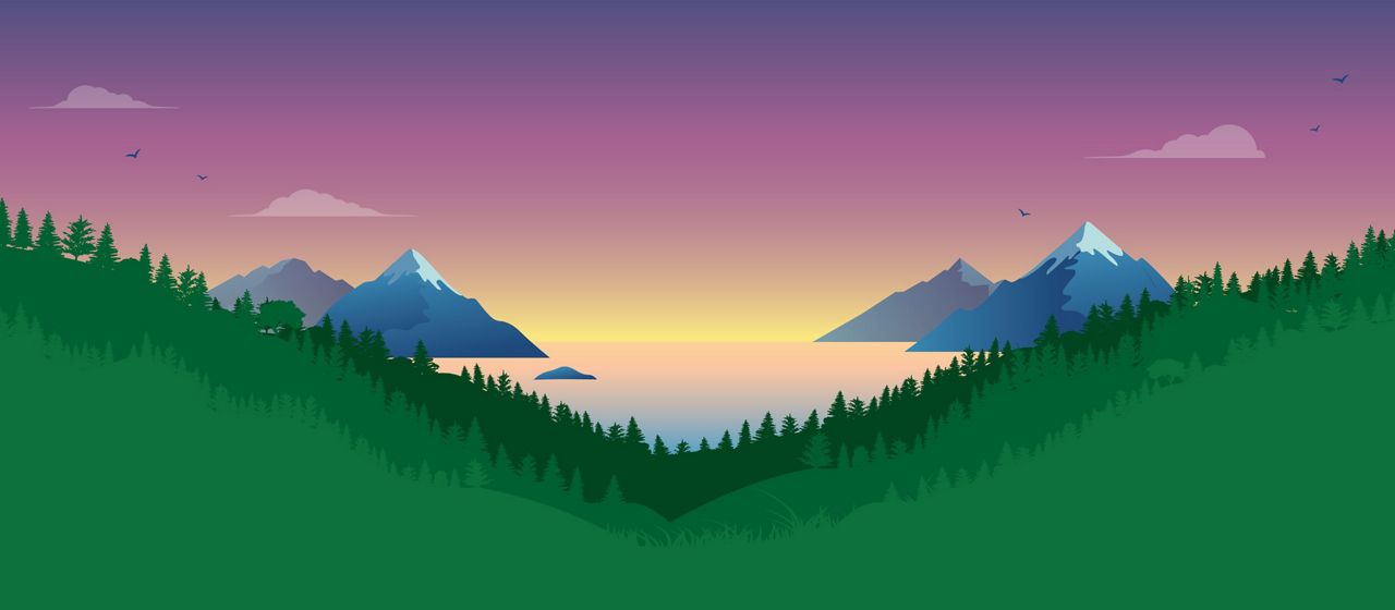 Illustration of a sunset over a body of water with mountains on its edges, as seen through a dense forest.