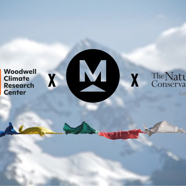 A photo of snow covered mountains with the Mountainfilm, Woodwell Climate, and TNC Colorado organization logos.