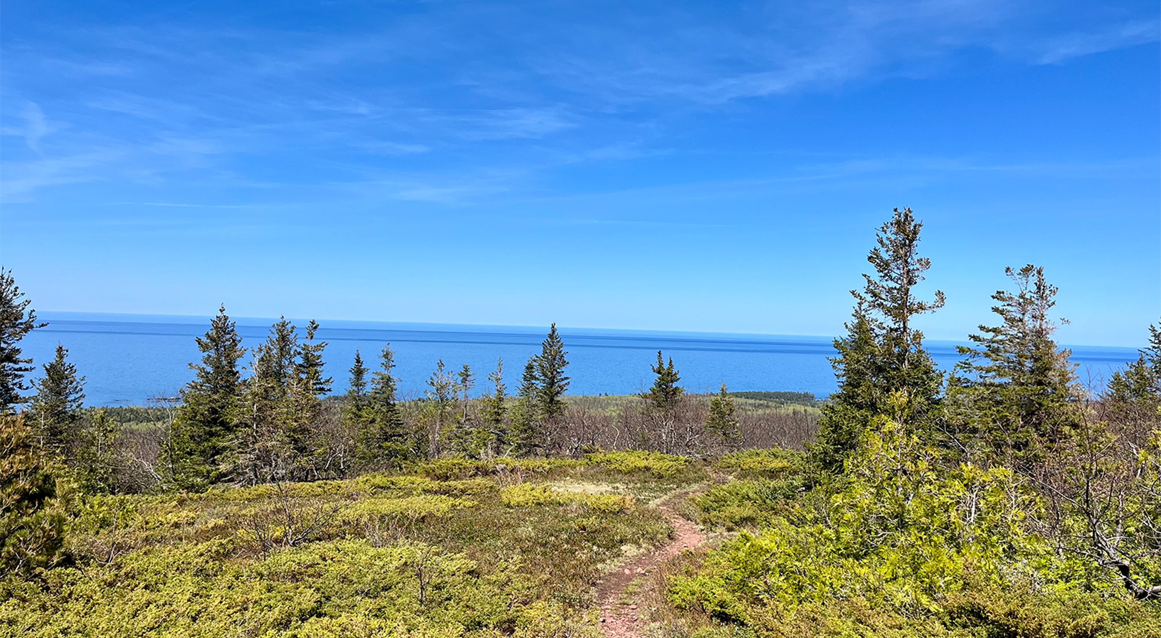 The view of a forest and bright blue lake from the top of Mt. Baldy at the Helmut and Candis Stern Preserve in the Upper Peninsula.