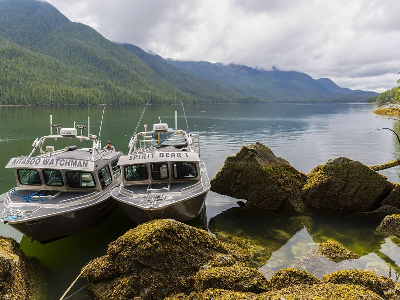 a boat named 'kitasoo watchman' is moored next to a boat named 'spirit bear 1' on a rocky coast with blue water and emerald mountains in the distance