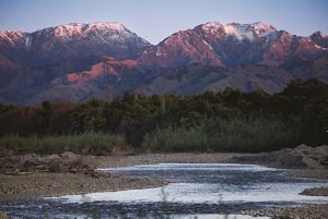Wairau River, New Zealand, flows in the foreground with dense trees in the middle ground and large rocky mountains in the background.