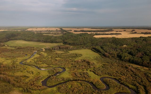 A river winding through a prairie landscape near agriculture fields.