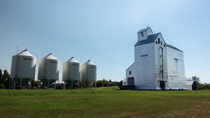 Grain silos in an agricultural landscape.