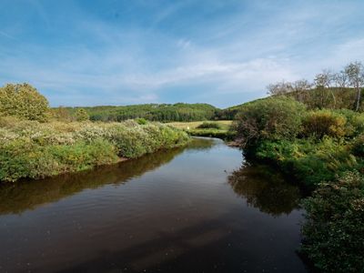 A river winding through tree-covered banks.