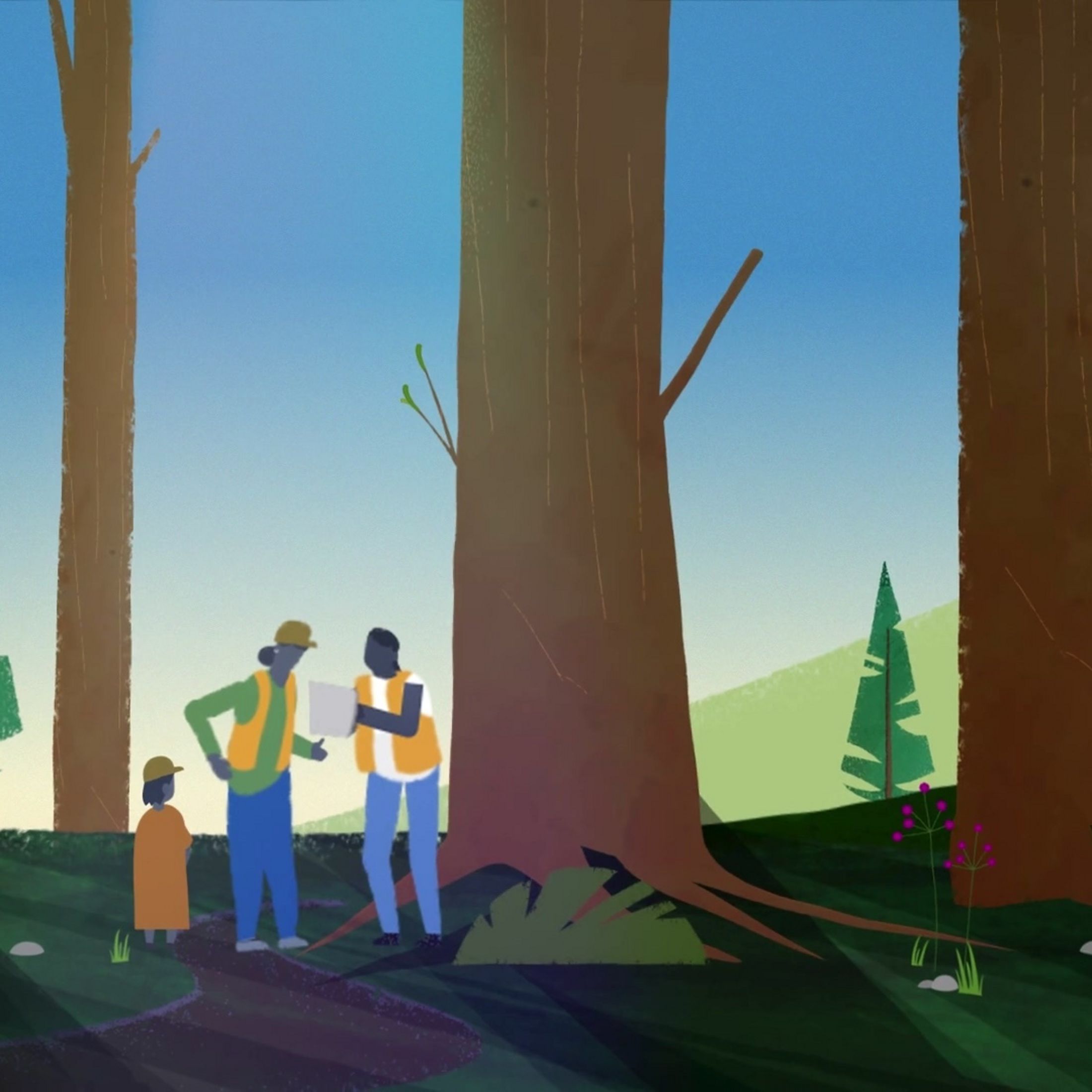 Graphic of people in a forest.