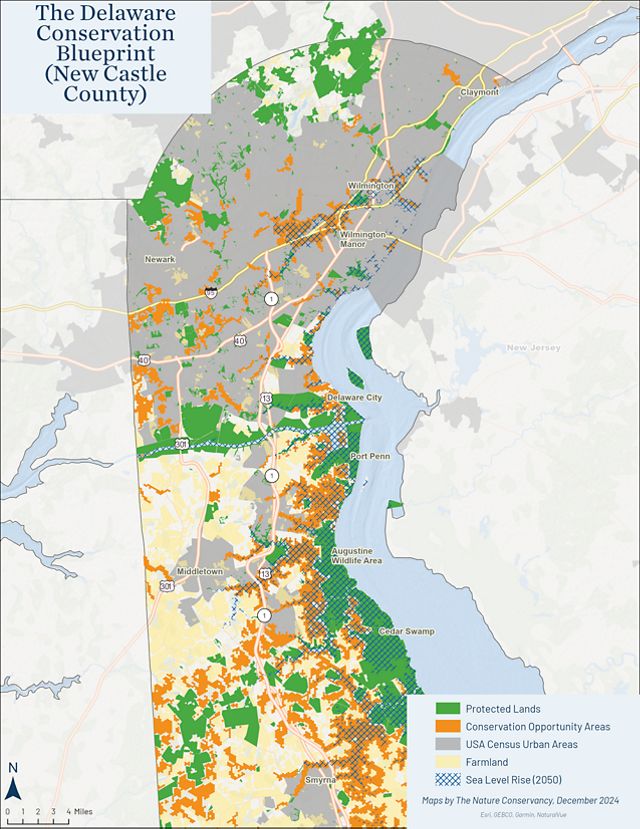 A map of New Castle County Delaware showing opportunites for conservation in orange. 